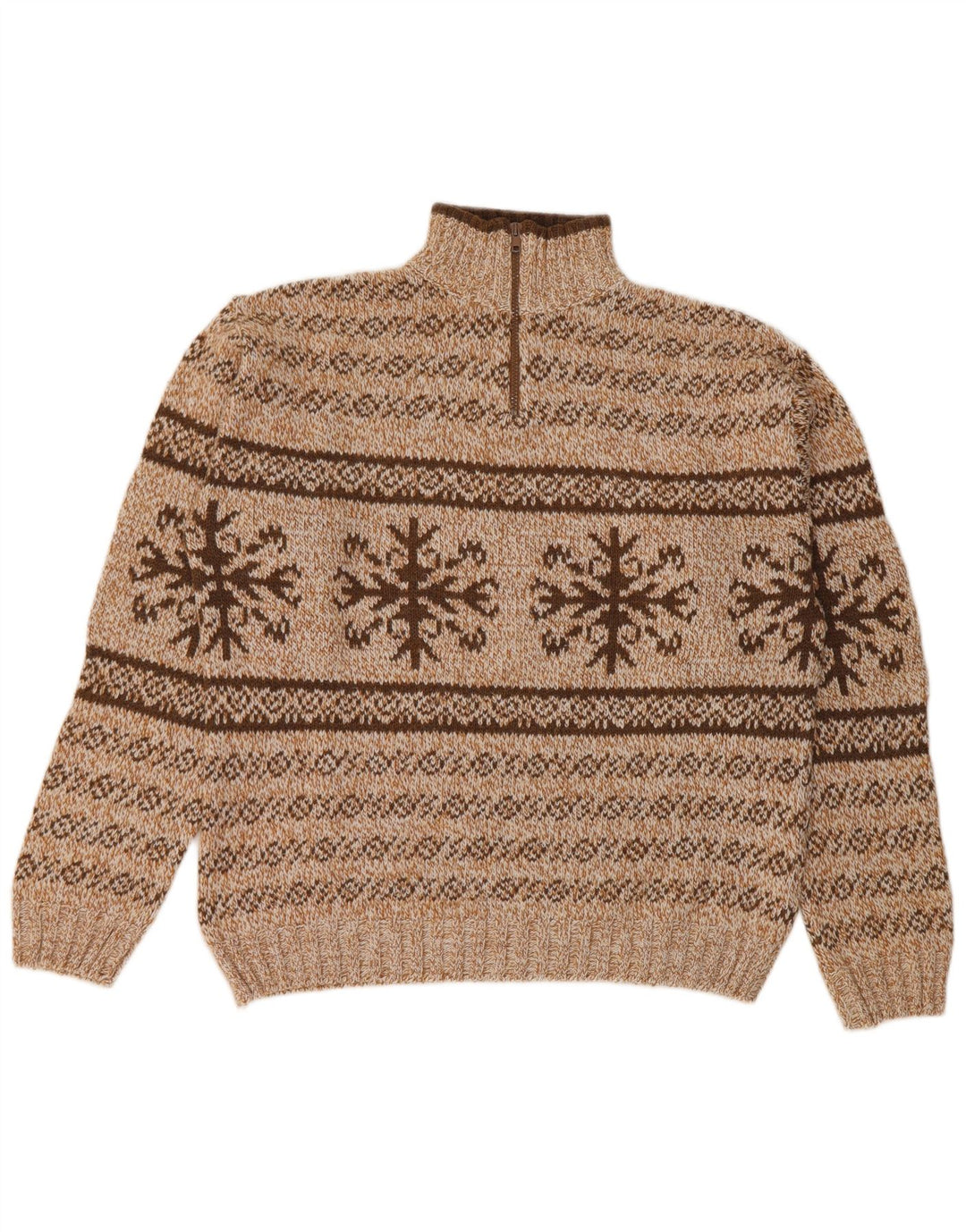 Vintage hombres zip cuello jumper suéter medio marrón justo isla acrílico