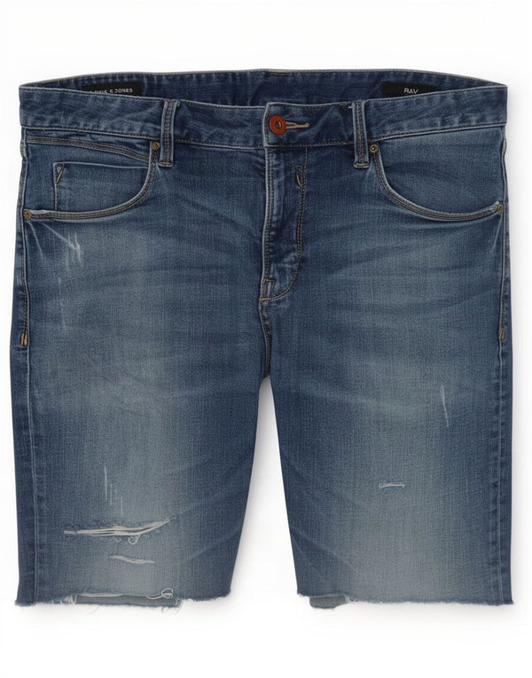 Jack & Jones Pantalones cortos de mezclilla desgastados y ajustados para hombre, talla grande W34, algodón azul