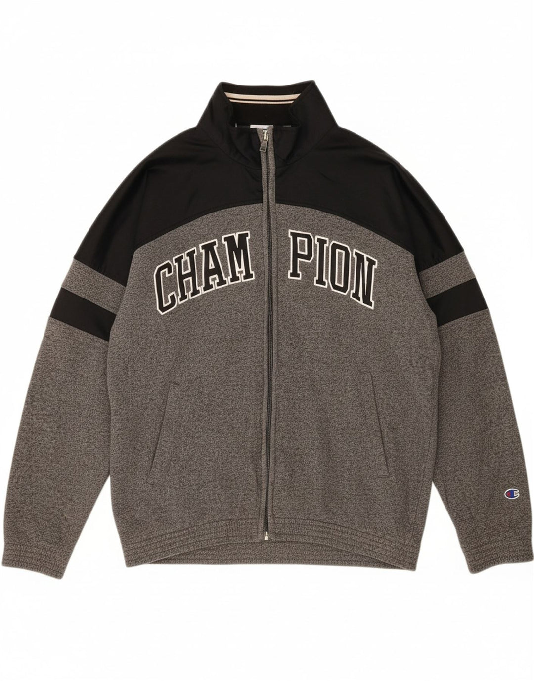 CHAMPION Mens Graphic Tracksuit Top Jacket Medium Grey Colourblock Cotton Vintage Champion and Second-Hand Champion from Messina Hembry 