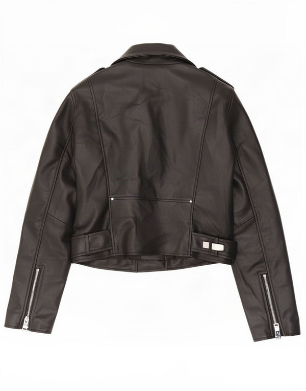 Zara Mujer Crop Chaqueta Biker De Piel Sintética UK 6 XS Negro
