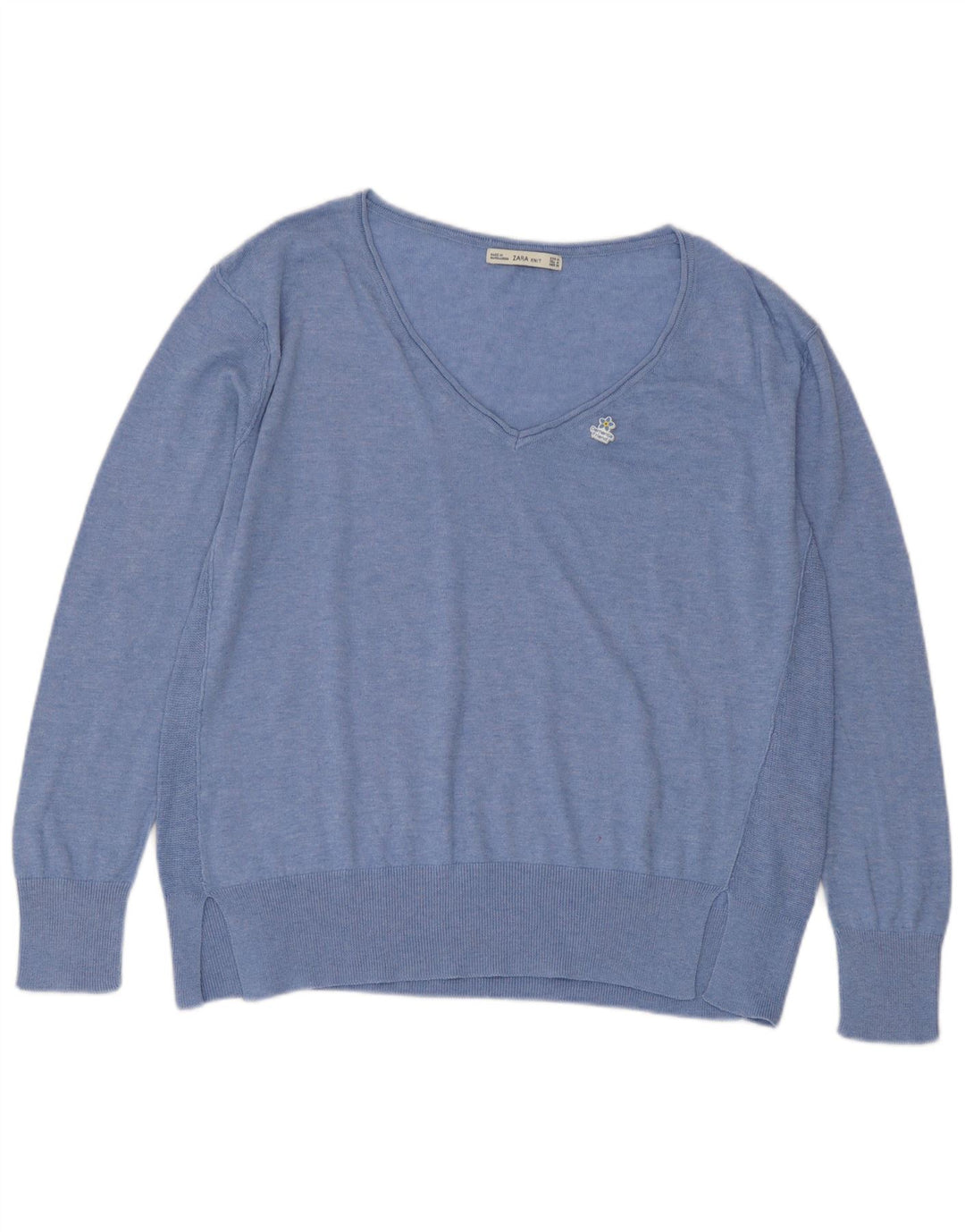 Zara Jersey con cuello en V para mujer UK 44 Poliéster azul medio