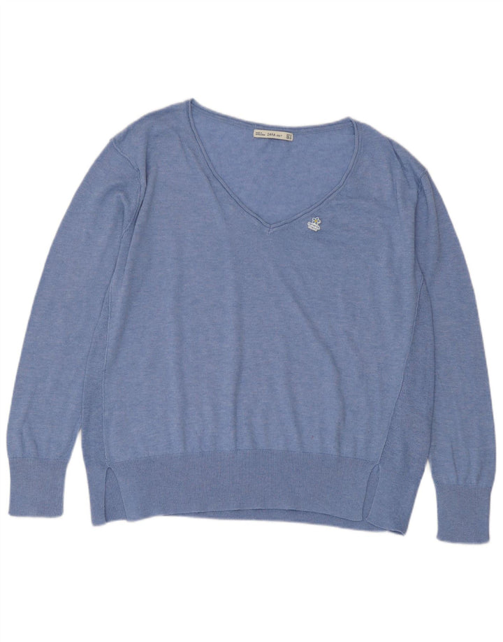 Zara Jersey con cuello en V para mujer UK 44 Poliéster azul medio