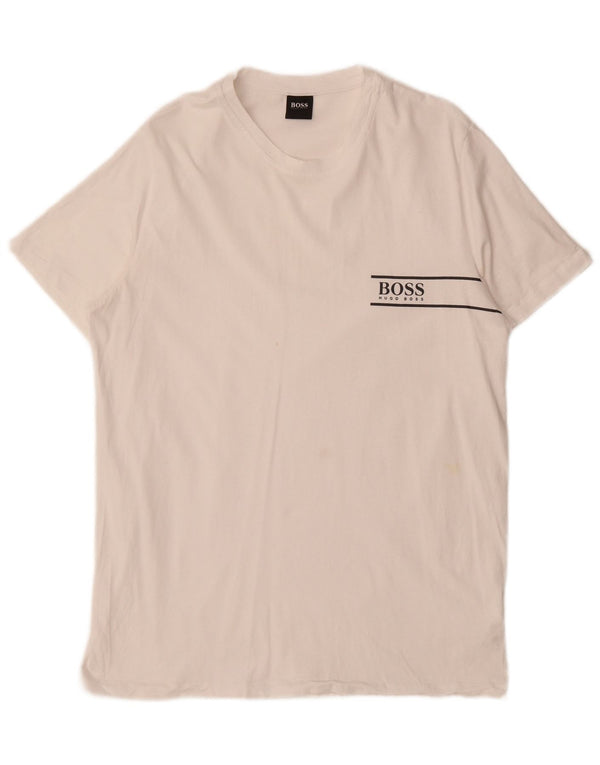 Hugo Boss Hombre Camiseta Gráfica Top Medio Algodón Blanco