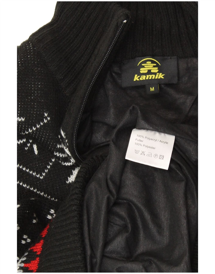 VINTAGE Hombres Zip Neck Jumper Suéter Medio Negro Fair Isle Poliacrílico