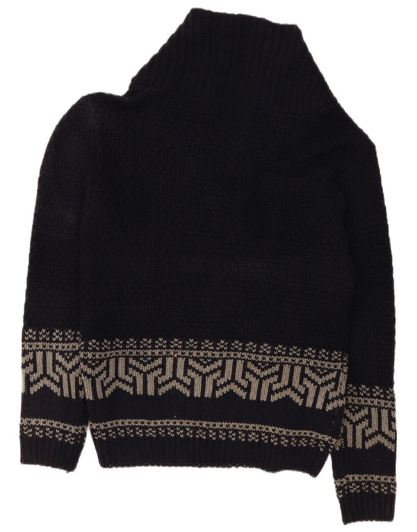 Vintage hombres chal cuello cardigan suéter XL azul marino geométrico