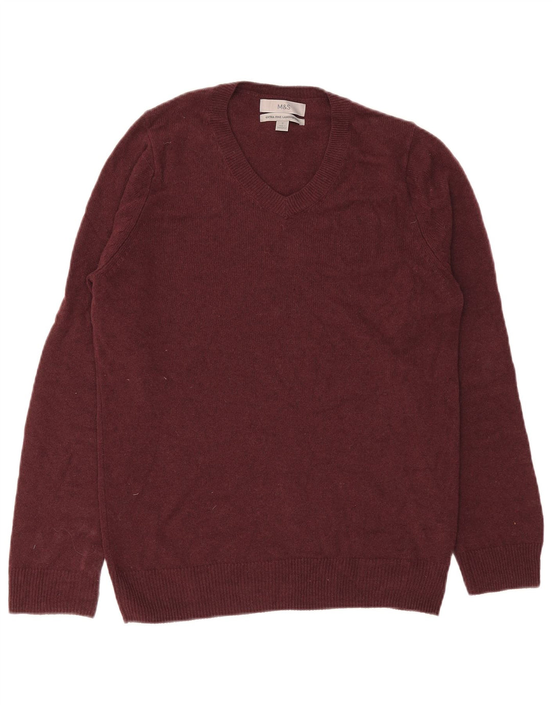 Marks & Spencer Jersey con cuello en V para hombre pequeño de lana de cordero color burdeos