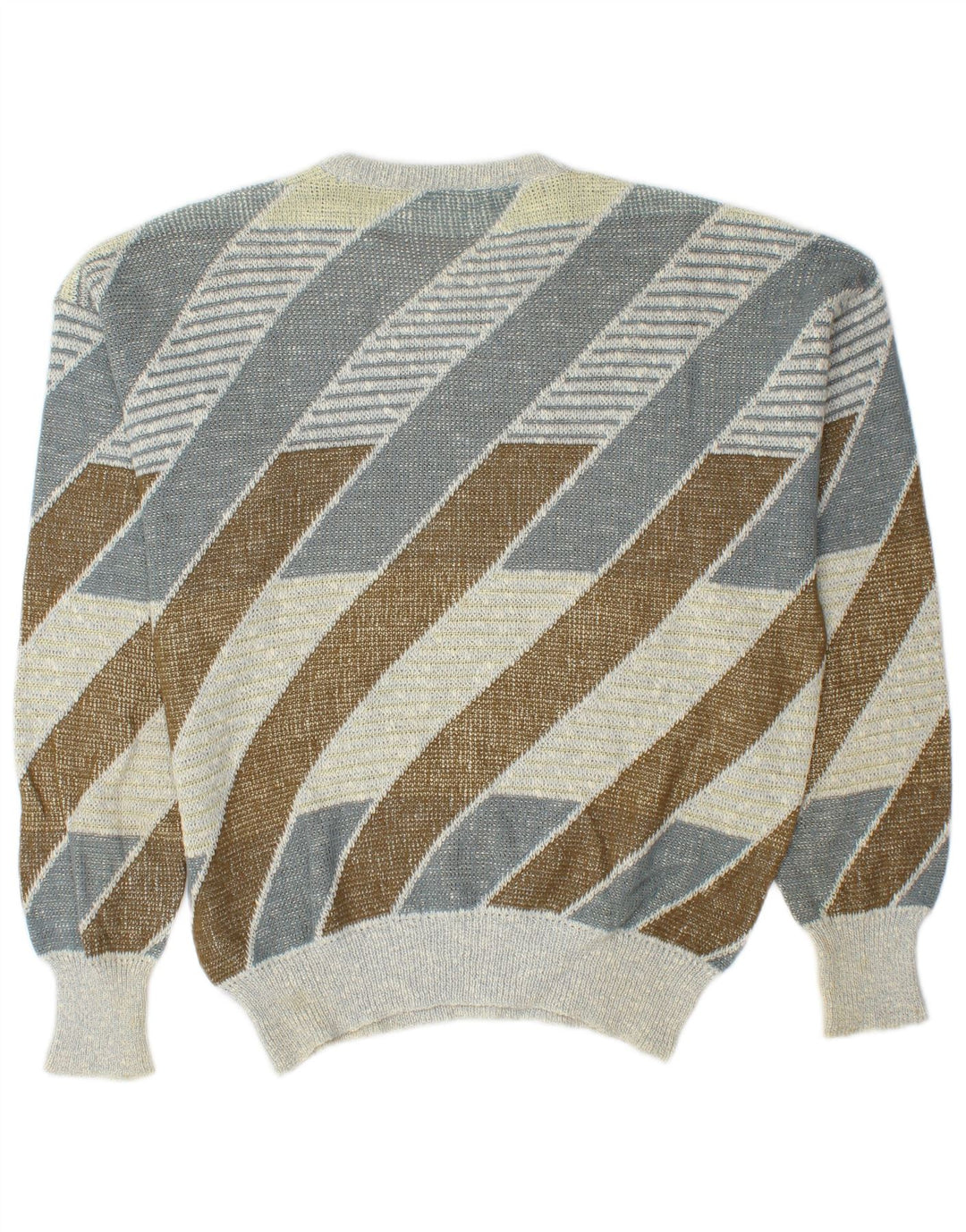 Vintage hombres cuello redondo jersey suéter medio multicolor algodón a rayas