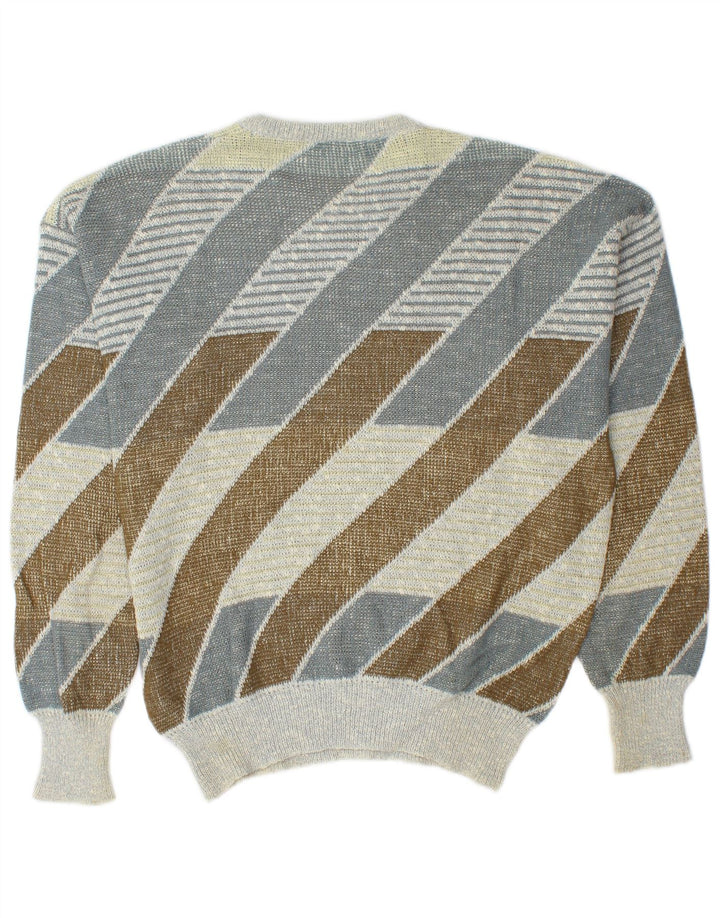 Vintage hombres cuello redondo jersey suéter medio multicolor algodón a rayas
