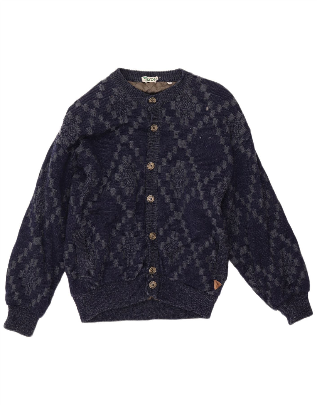 VINTAGE Hombres Cardigan Suéter Grande Azul Marino Geométrico Viscosa