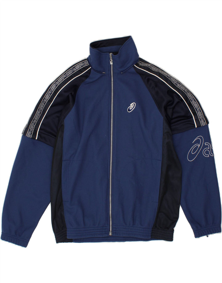 ASICS Chaqueta de chándal con gráfico para hombre, color azul marino medio, color block