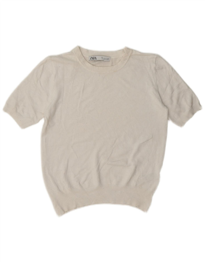Zara Mujer Crop Top Manga Corta UK 10 Small Viscosa Blanca