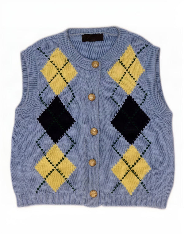 Zara Mujer Crop Cardigan Suéter UK 10 Small Azul Argyle/Diamond