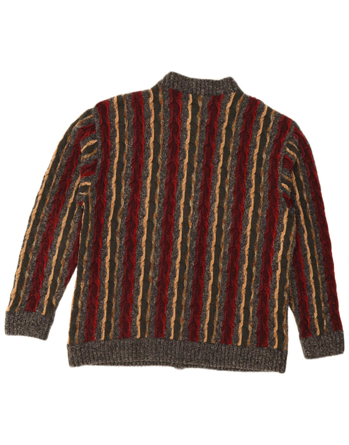 Vintage hombres Cardigan suéter grande gris rayas lana
