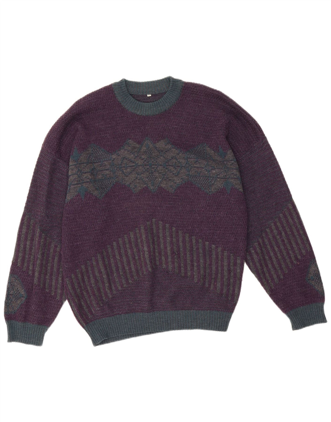 Vintage hombres cuello redondo jersey suéter IT 50 medio púrpura geométrico
