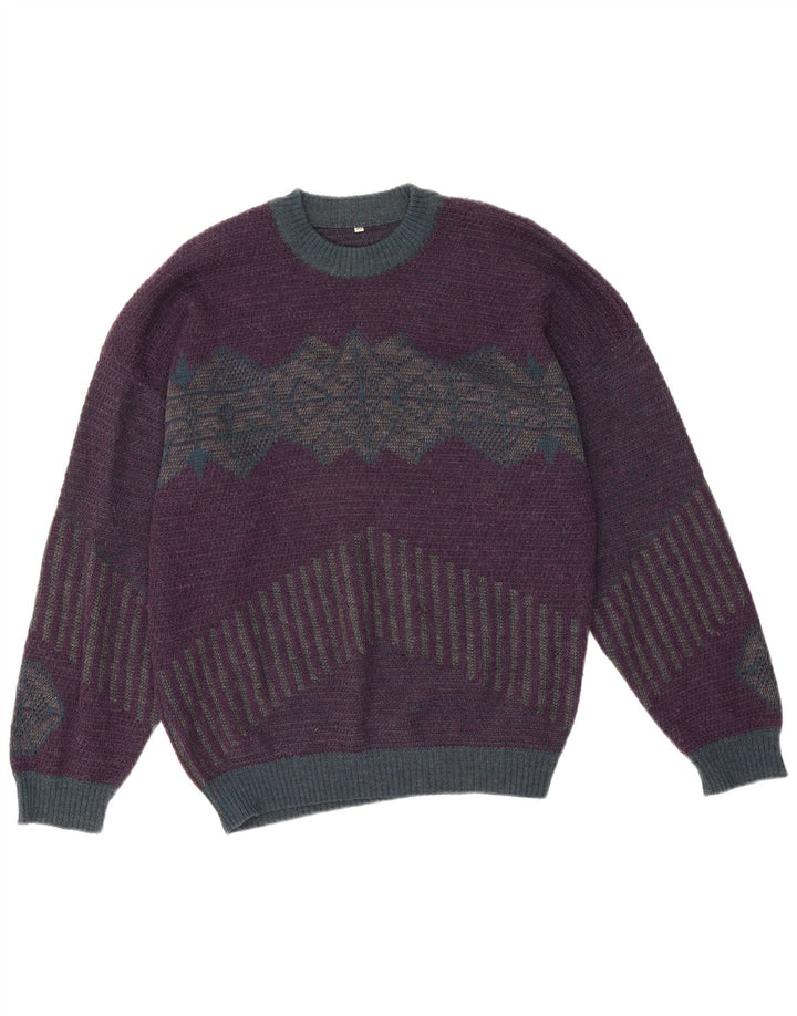 Vintage hombres cuello redondo jersey suéter IT 50 medio púrpura geométrico