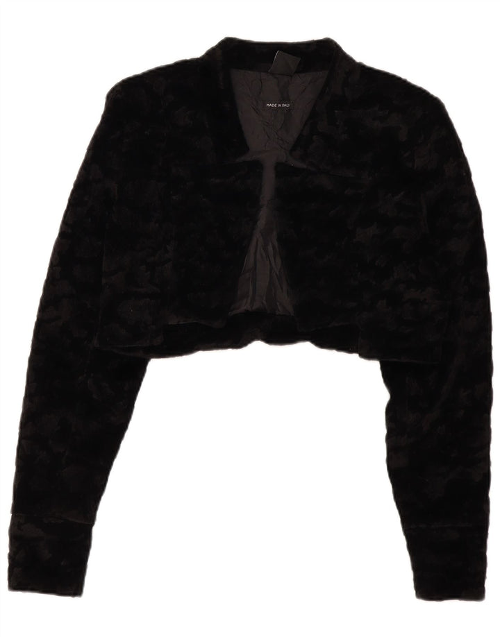 VINTAGE Chaqueta Bolero de piel sintética para mujer Reino Unido 14 Poliéster negro grande