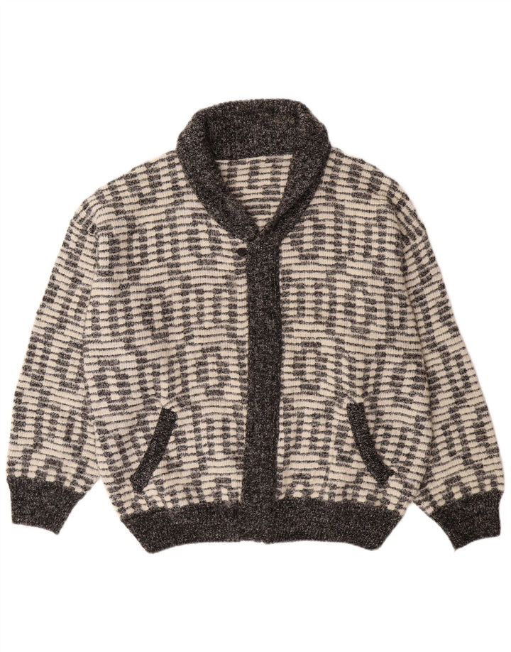 Vintage hombres Cardigan suéter XL gris geométrico acrílico