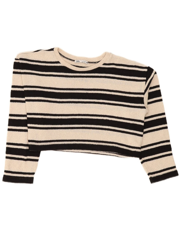 Zara Mujer Crop Boat Neck Jumper Sweater UK 10 Small Beige Rayas
