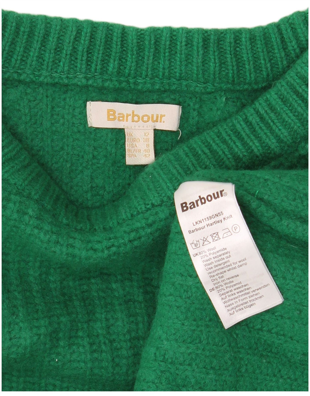 BARBOUR Suéter corto con cuello barco para mujer Reino Unido 12 Lana verde medio