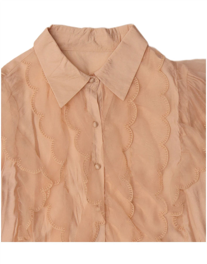 Vintage mujer crop volante camisa delantera blusa Reino Unido 14 viscosa beige medio