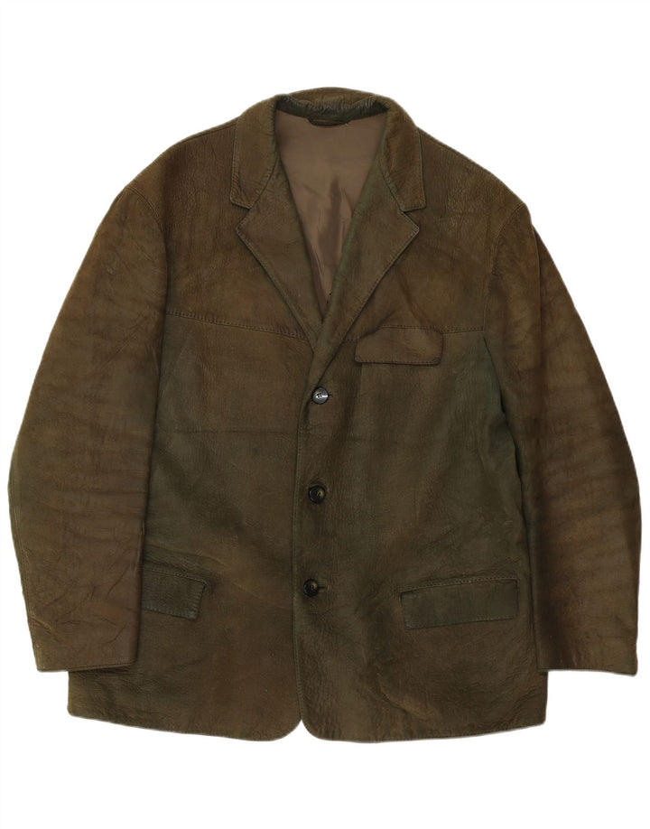 Vintage hombres 3 botones cuero Blazer chaqueta Reino Unido 38 medio caqui