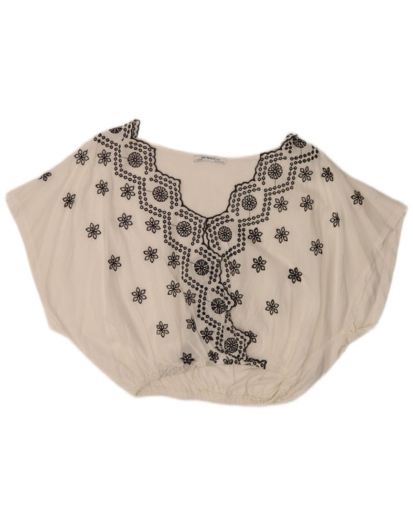 Zara Mujer Blusa De Ala De Murciélago Top Reino Unido 10 Pequeño Algodón Floral Blanco