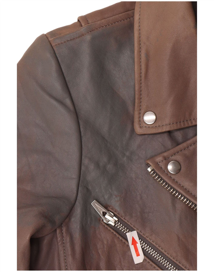 Veda Chaqueta motera de cuero para mujer UK 8 Small Piel de cordero marrón
