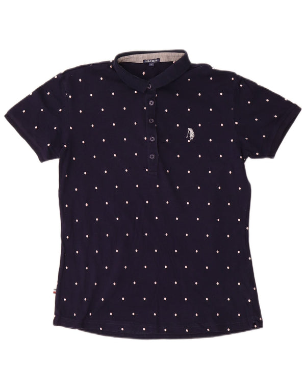Vintage mujer polo camisa Reino Unido 12 medio azul marino manchado algodón