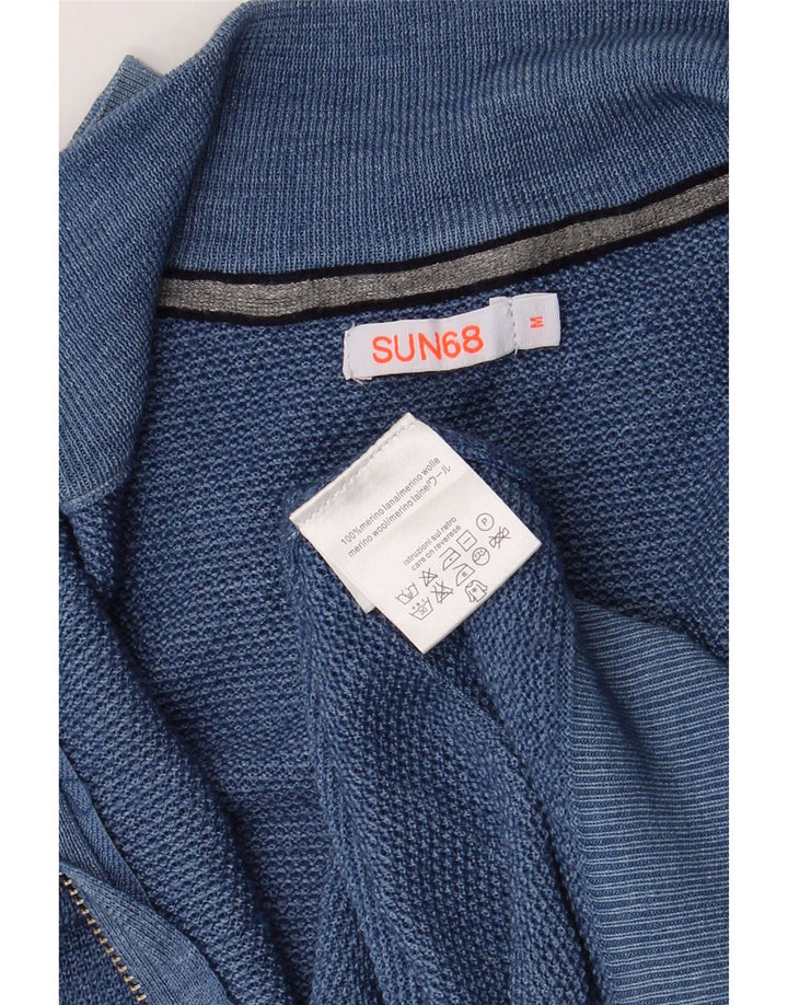 Sun68 Suéter tipo cárdigan para hombre de lana merino azul medio