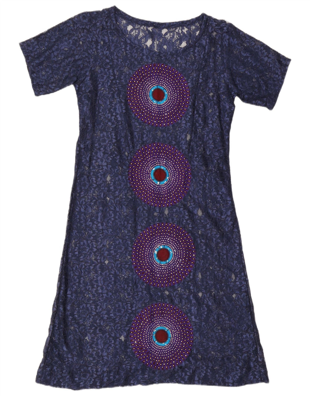 Vintage mujer encaje vestido básico Reino Unido 16 grande azul marino geométrico