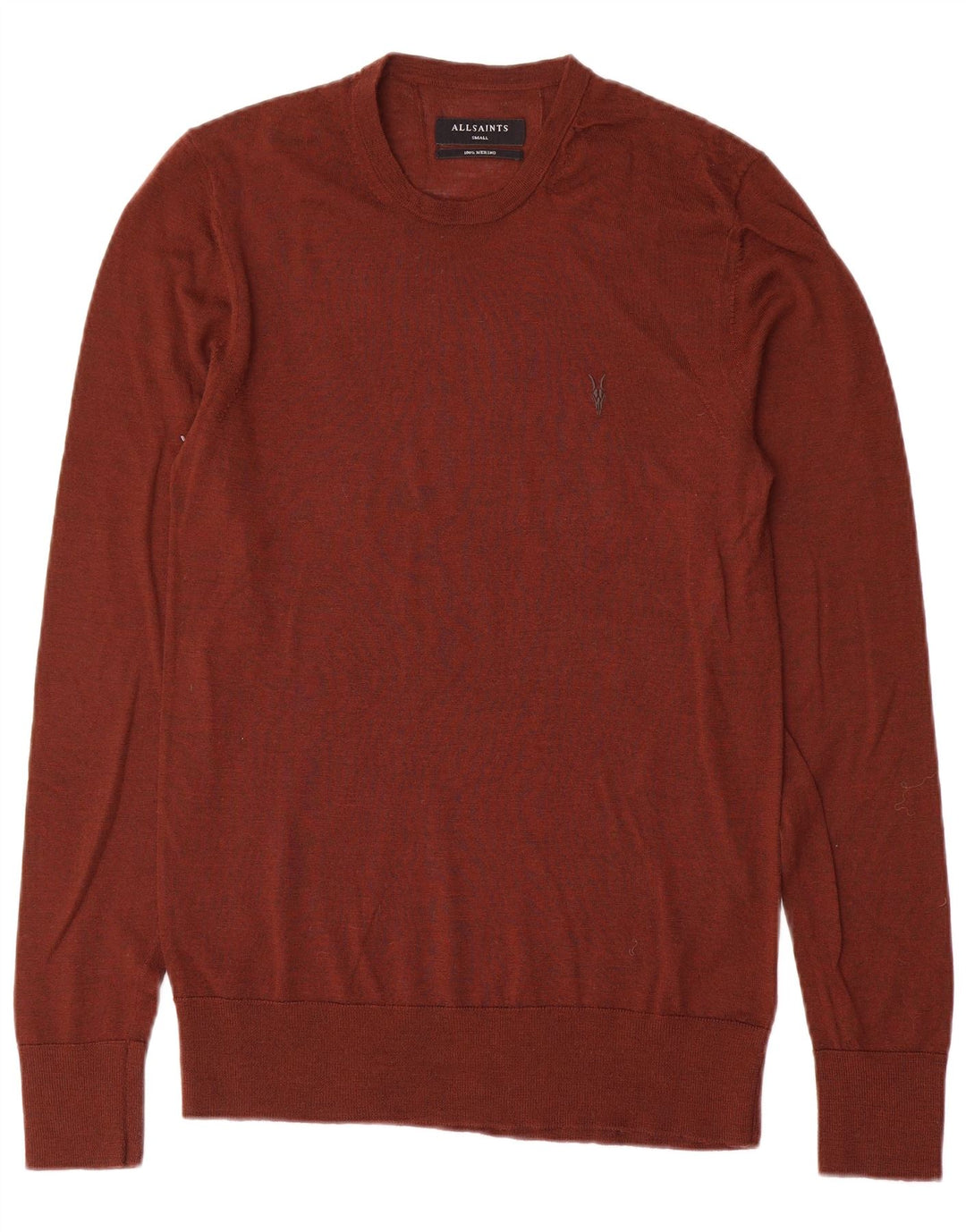 All Saints Jersey de cuello redondo para hombre, talla pequeña, lana merino marrón