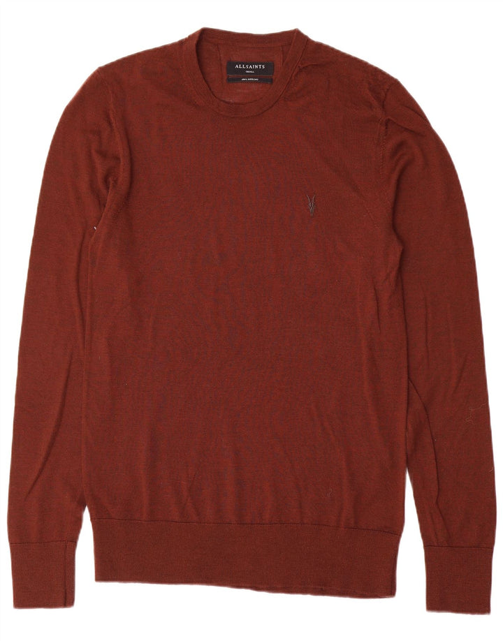 All Saints Jersey de cuello redondo para hombre, talla pequeña, lana merino marrón