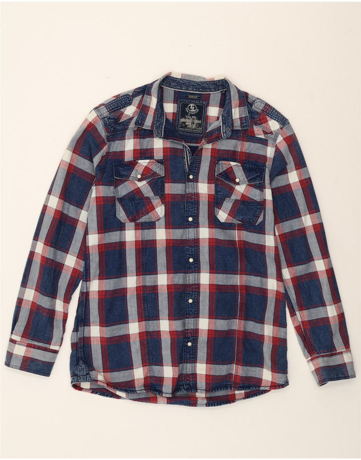 Tom Tompson Camisa ajustada para hombre, talla 2XL, algodón a cuadros azul marino