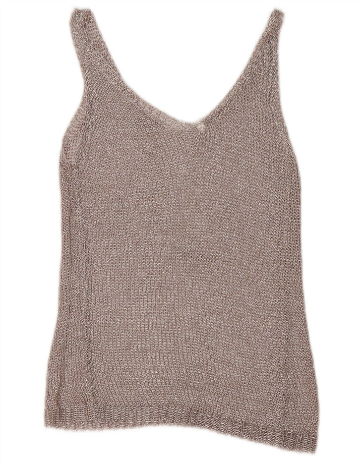 Vintage mujer crochet chaleco top Reino Unido 12 plata mediana