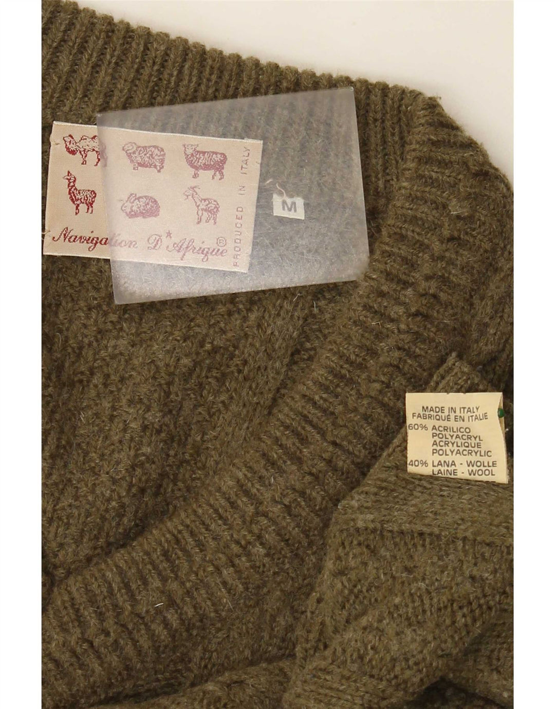 Vintage hombres V-cuello jumper suéter medio caqui acrílico