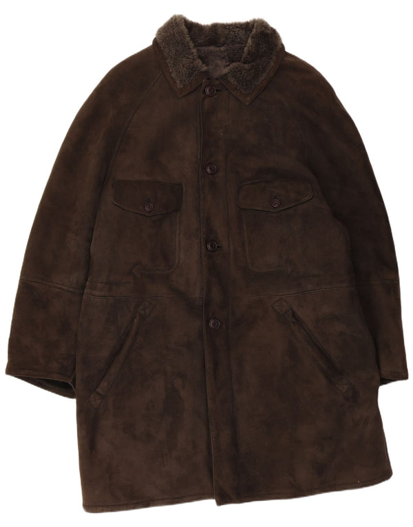 Vintage hombres shearling abrigo Reino Unido 40 cuero marrón grande