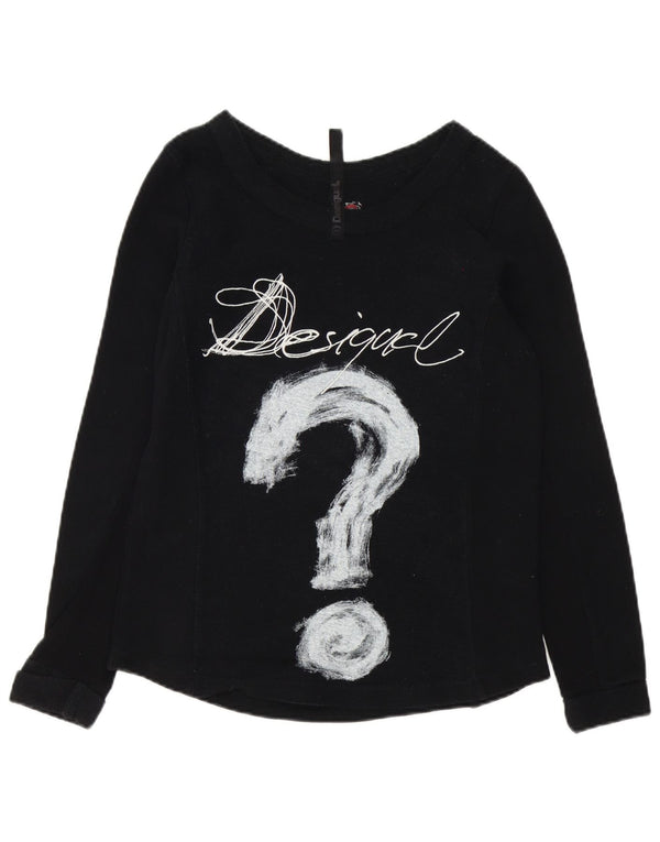 Desigual Mujer Gráfico Top Manga Larga UK 14 Mediano Negro Algodón