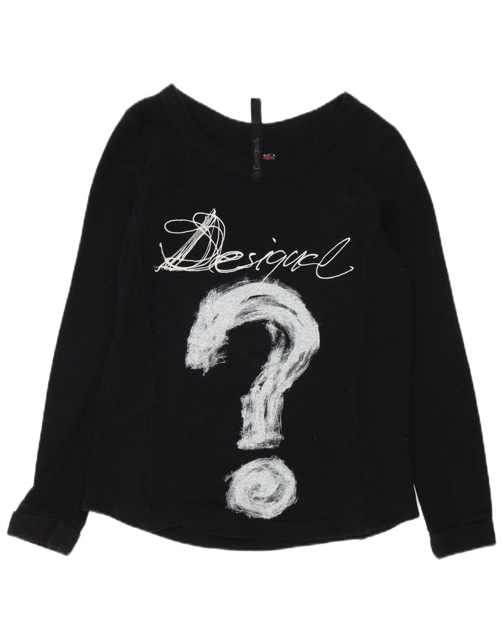 Desigual Mujer Gráfico Top Manga Larga UK 14 Mediano Negro Algodón