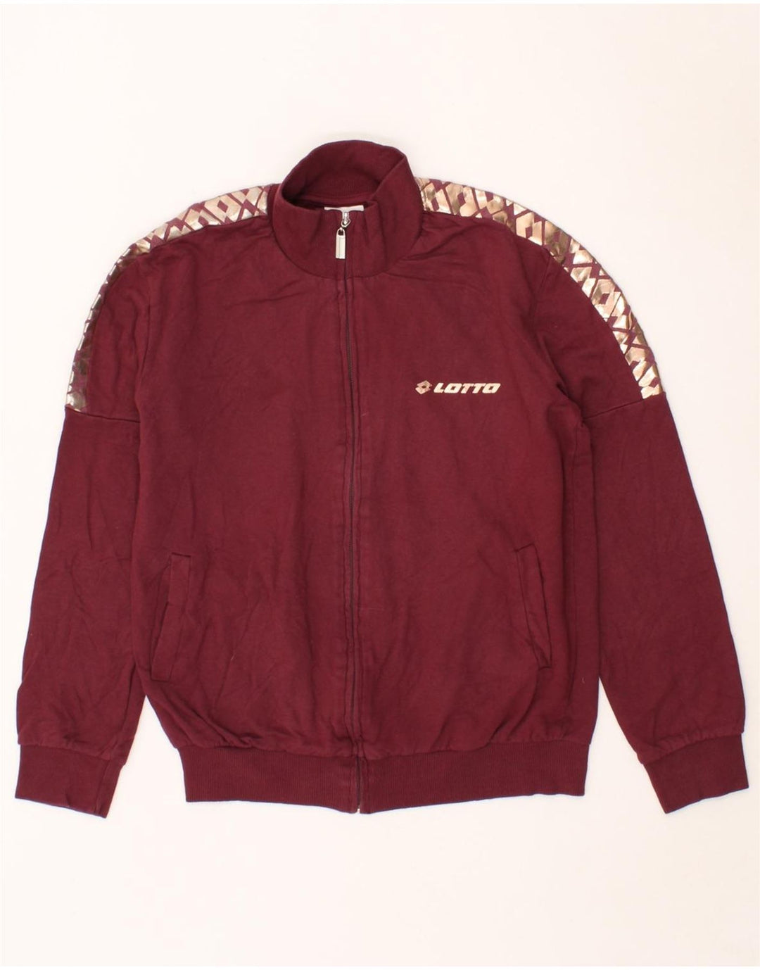 LOTTO Womens Graphic Tracksuit Top Jacket UK 14 Medium Maroon Cotton Vintage Lotto and Second-Hand Lotto from Messina Hembry 