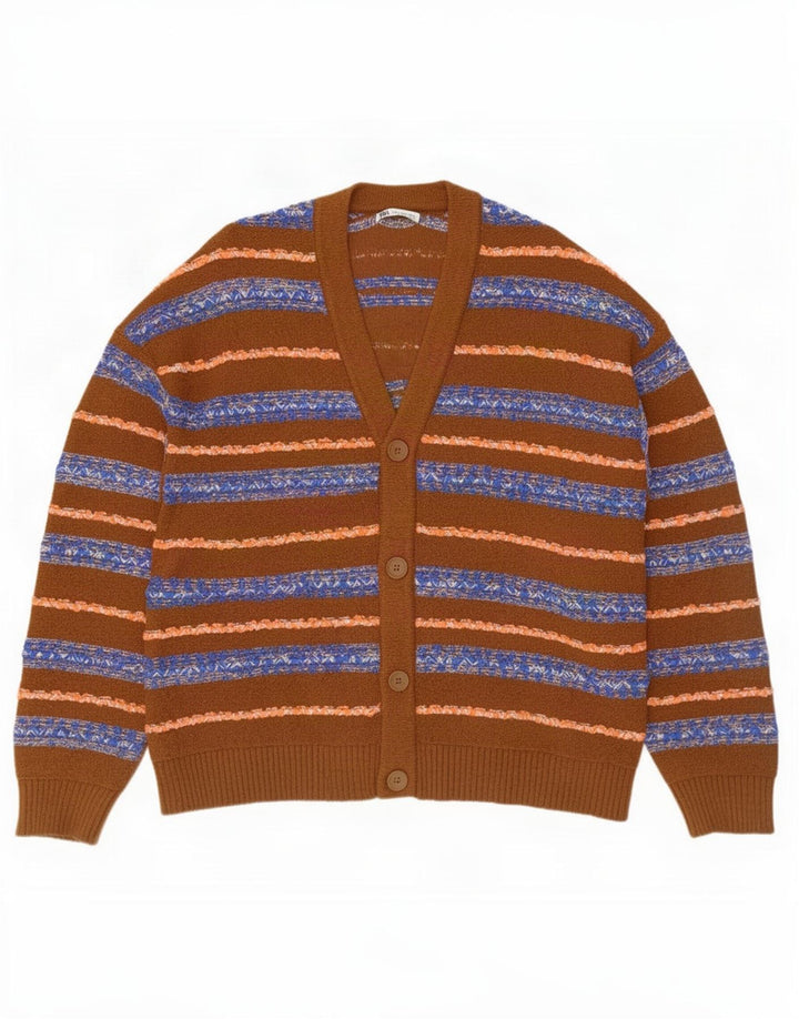 Zara Hombre Jersey Cárdigan Algodón Rayas Marrón Medio