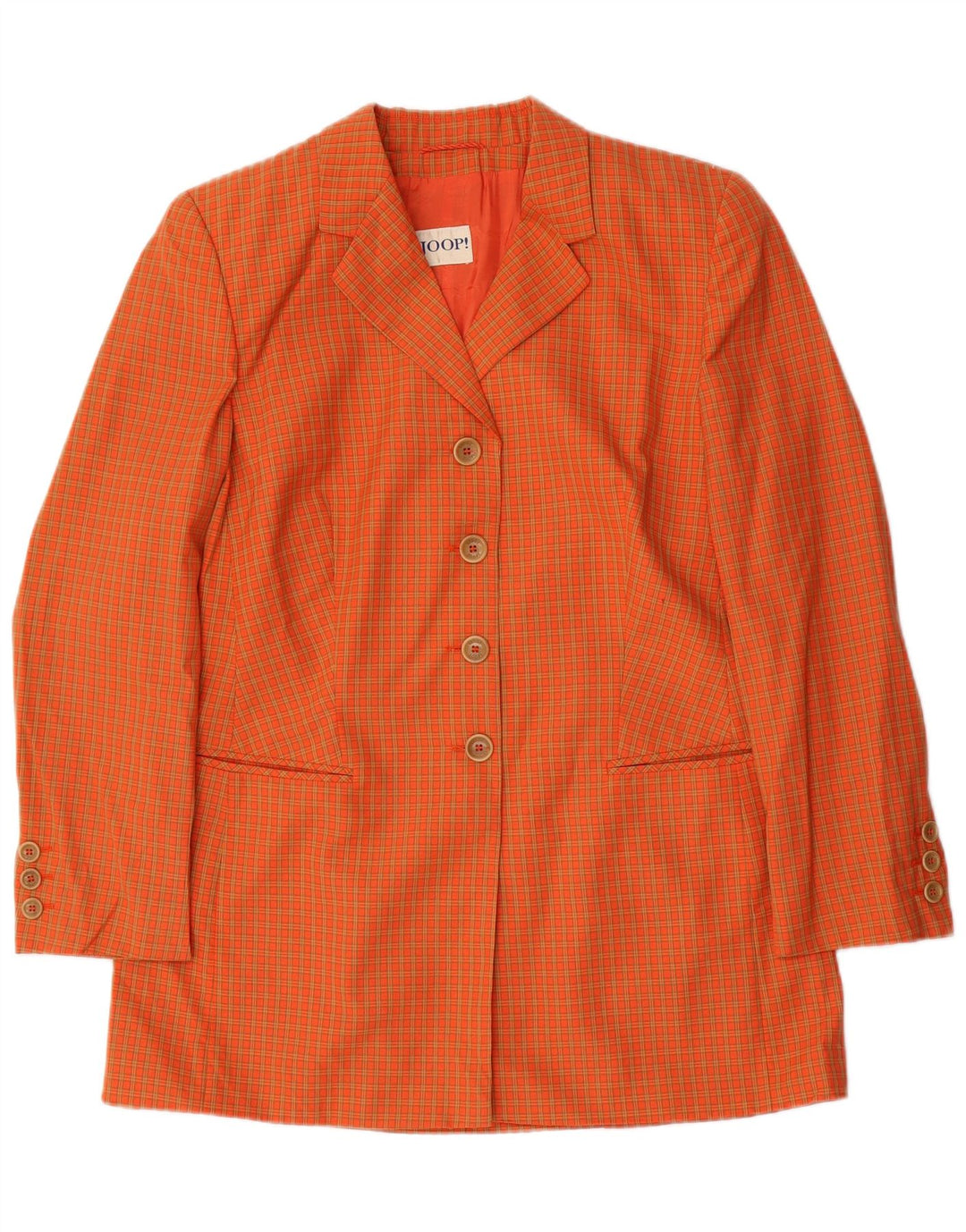 JOOP Chaqueta tipo blazer larga de 4 botones para mujer EU 42 Lana a cuadros naranja grande