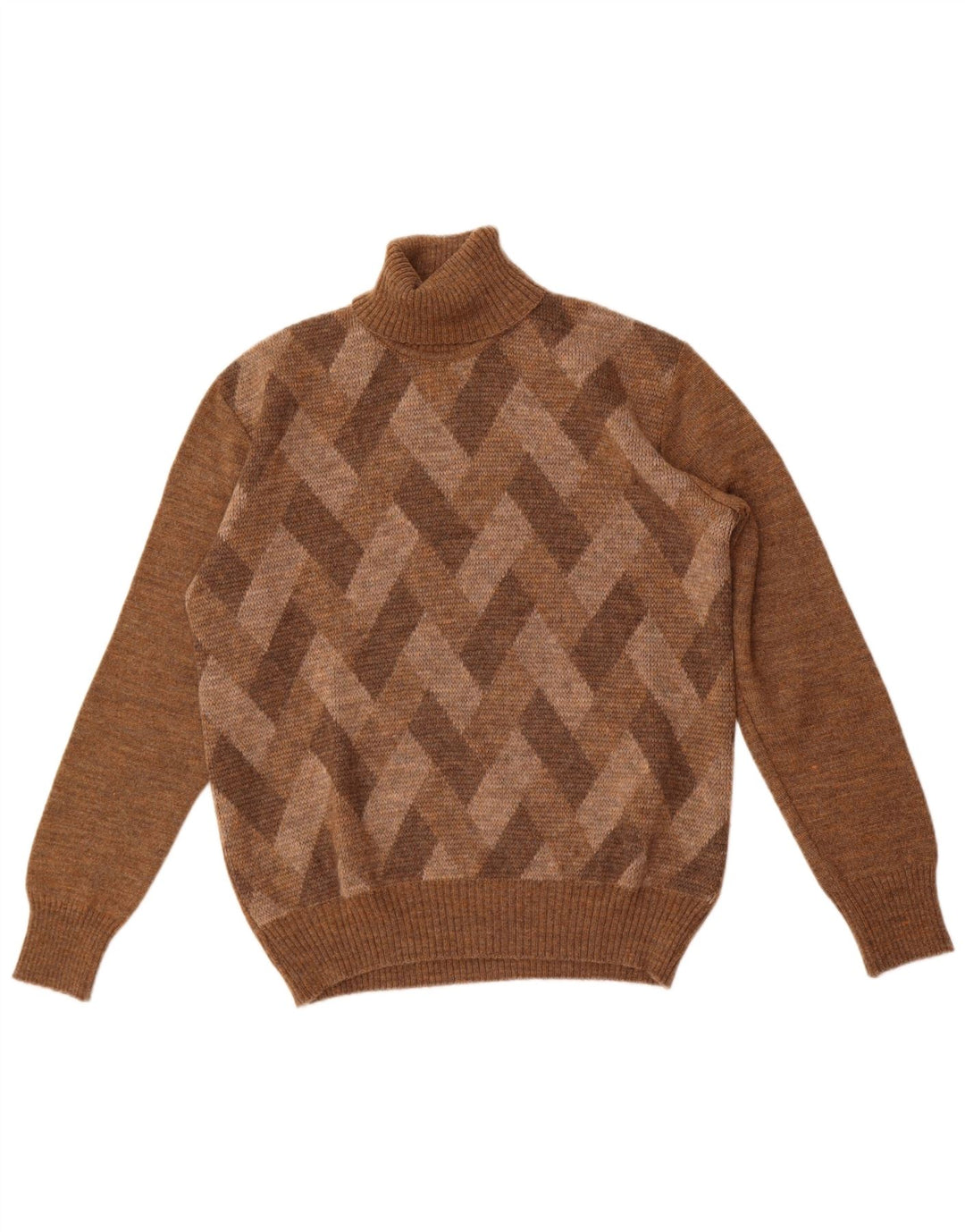Vintage hombres rollo cuello jersey suéter medio marrón Argyle/Diamante