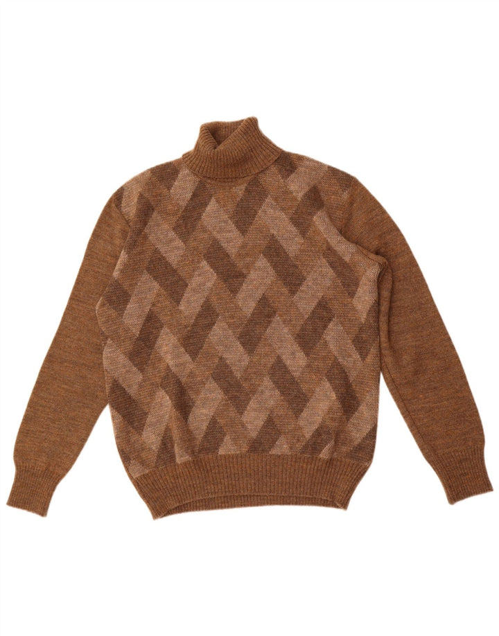 Vintage hombres rollo cuello jersey suéter medio marrón Argyle/Diamante