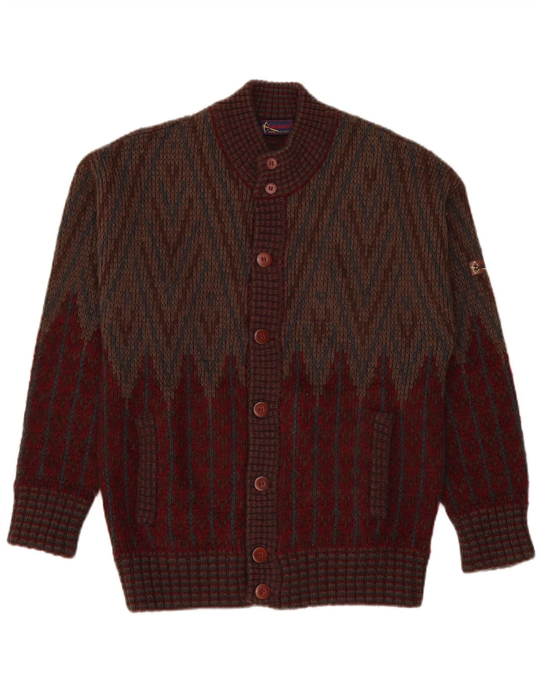 Vintage hombres Cardigan suéter medio borgoña geométrico
