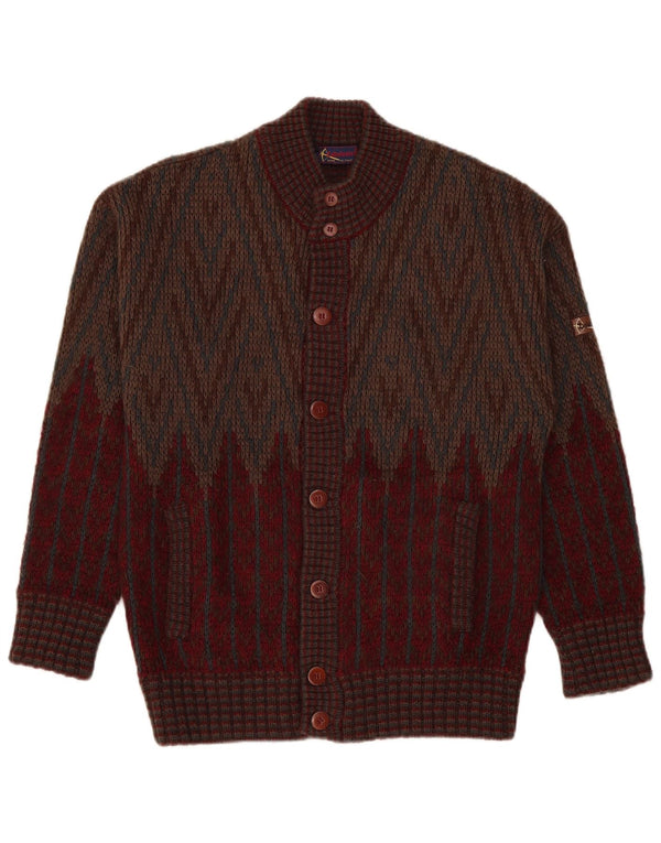 Vintage hombres Cardigan suéter medio borgoña geométrico