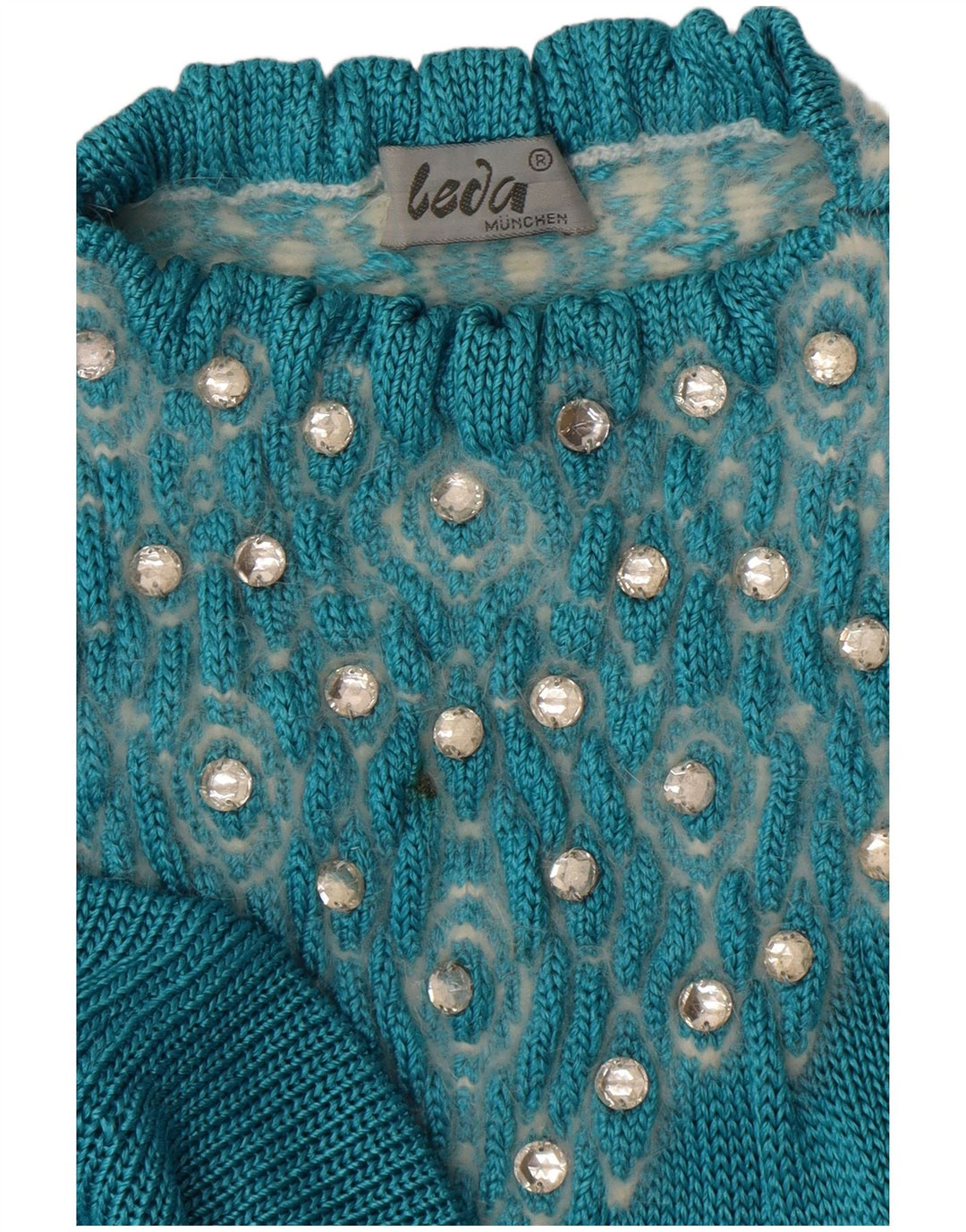 Vintage mujeres patrón abstracto cuello redondo jersey suéter Reino Unido 14 azul grande