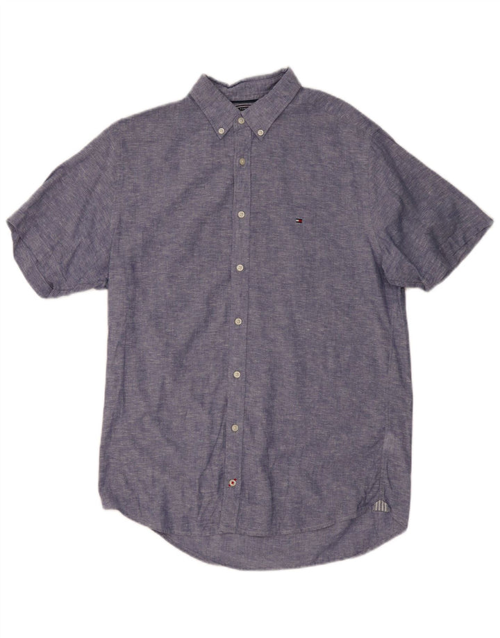 TOMMY HILFIGER Camisa de manga corta de hombre de algodón moteado azul medio