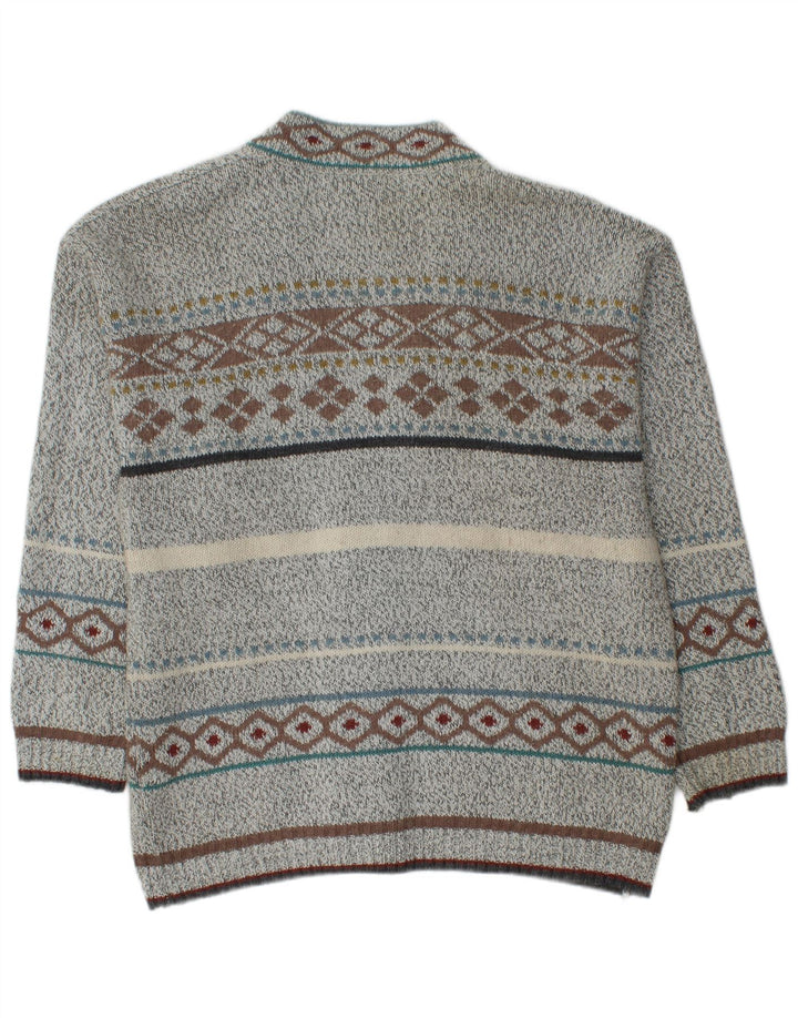 VINTAGE Hombres Cardigan Suéter Medio Gris Fair Isle