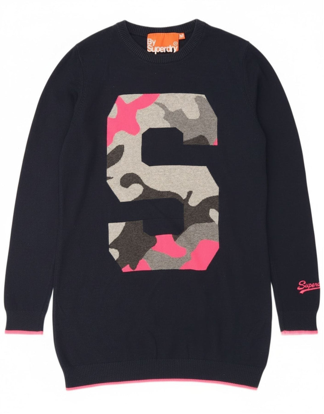 Superdry Womens Longline Crew Neck Jumper Sweater UK 12 Medium Navy Blue