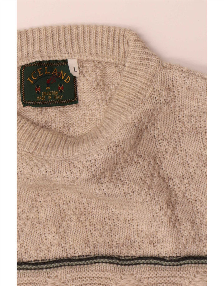 Jersey de cuello redondo para hombre de Islandia, suéter grande de lana a rayas beige
